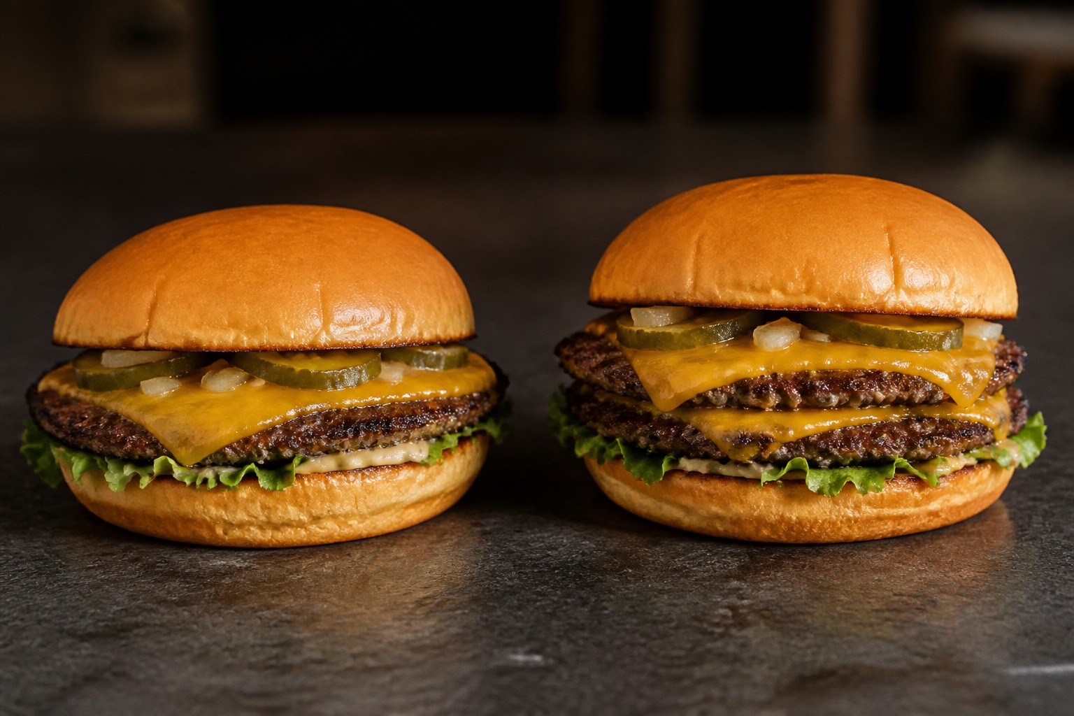 Smash burgers simple et double steak servis côte à côte